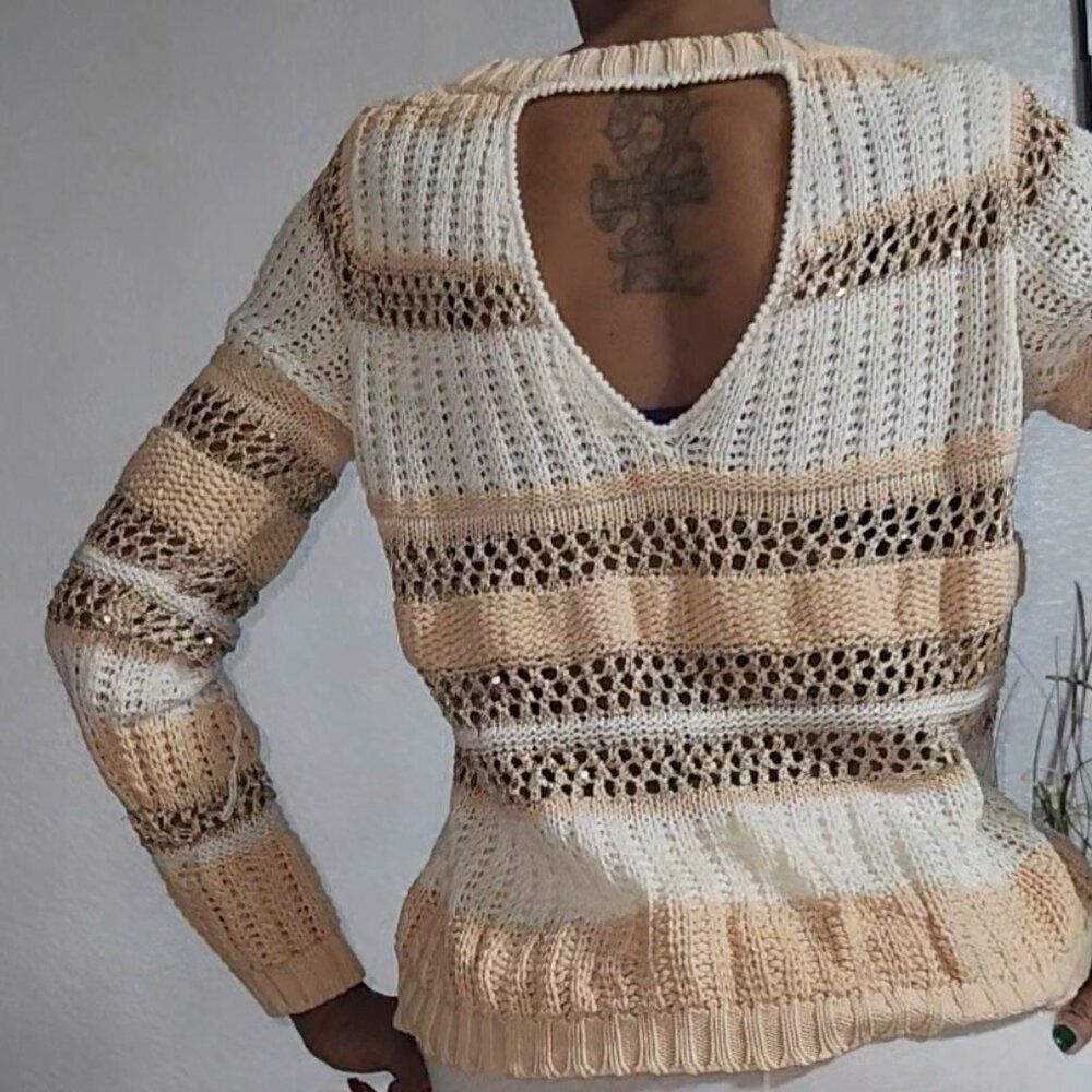Boston Proper Vintage Gold Crochet V Back Sweater Size XS